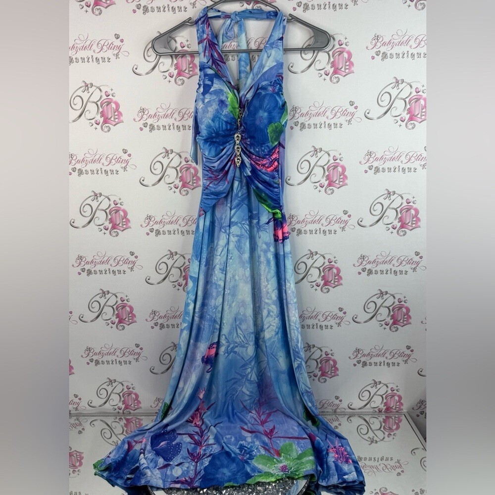 Dress gown butterfly’s floral neon rhinestone bling Elegant Blue Floral Dress